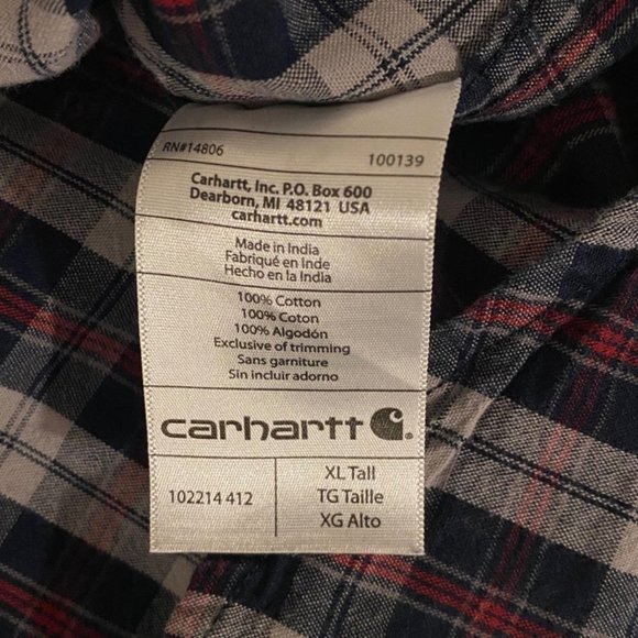 Carhartt Blue White Red Plaid Cotton Relaxed Fit Button Down Shirt Men's XL Tall - Picture 9 of 11